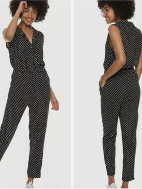 POPSUGAR Black Polka Dot Sleeveless Tuxedo Inspired Collared Neckline Jumpsuit
